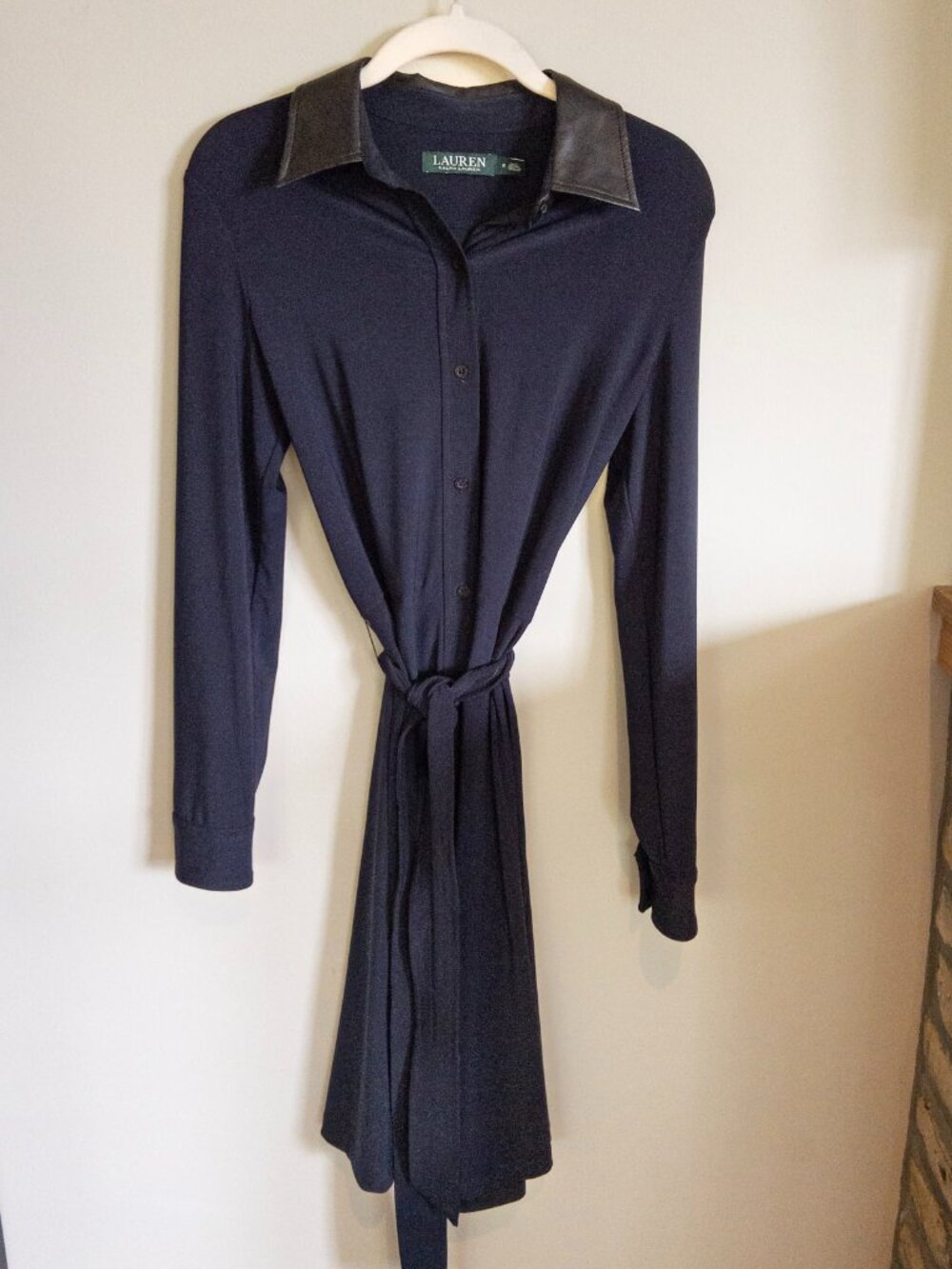 Lauren Ralph Lauren Navy Faux Leather Collar Tie Waist Shirt Dress 2